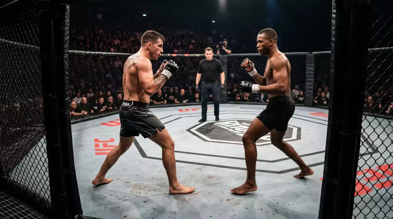 Two MMA fighters circling each other inside the cage during a championship bout