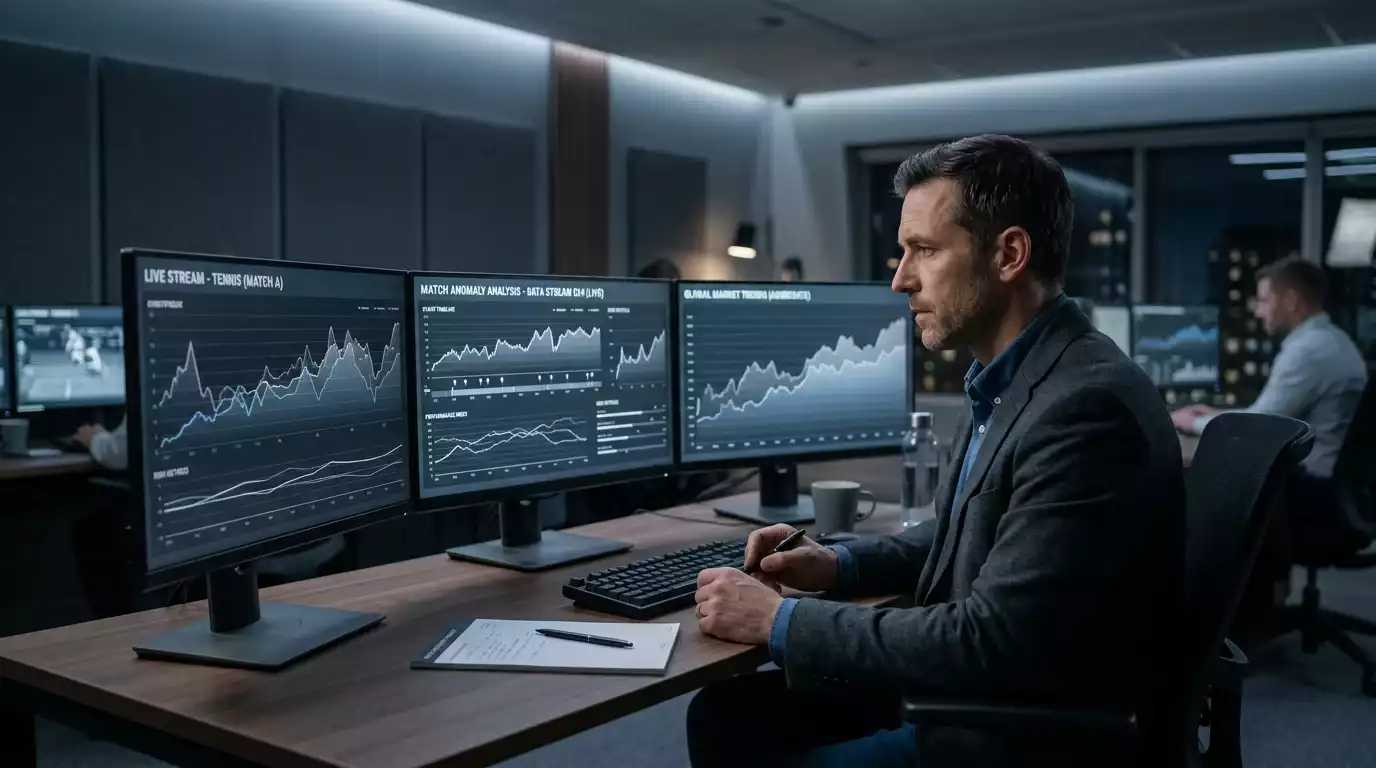 Sports integrity analyst monitoring betting alert dashboards across multiple screens