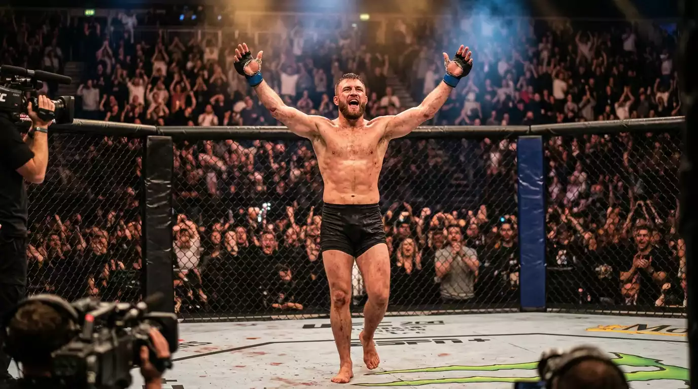 MMA fighter raising arms in celebration after a London fight card victory at a packed UK arena