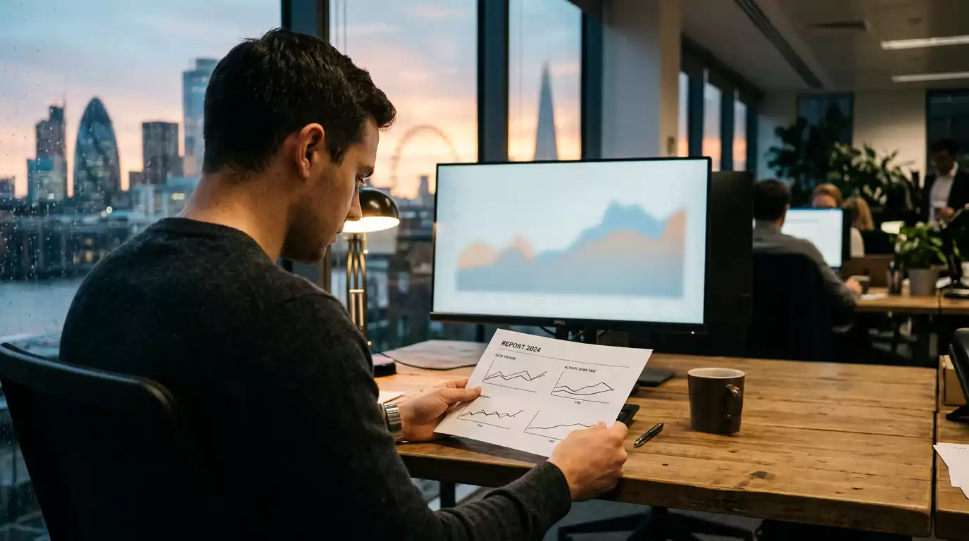 Analyst reviewing UK sports betting market data on a workstation